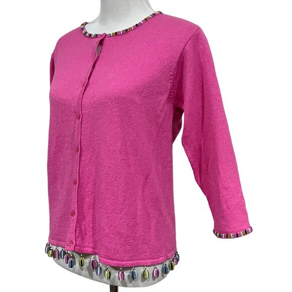 Design Options Philip Jane Gordon Bright Pink Beaded Fringe Cardigan Women’s M - Picture 3 of 10